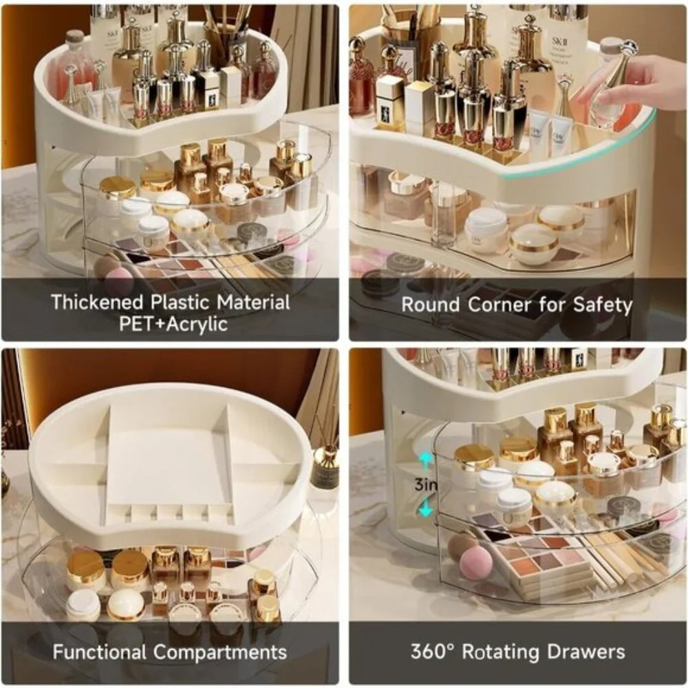 New 360° Rotating Makeup Organizer, Vanity Countertop with 2 Spacious Drawers